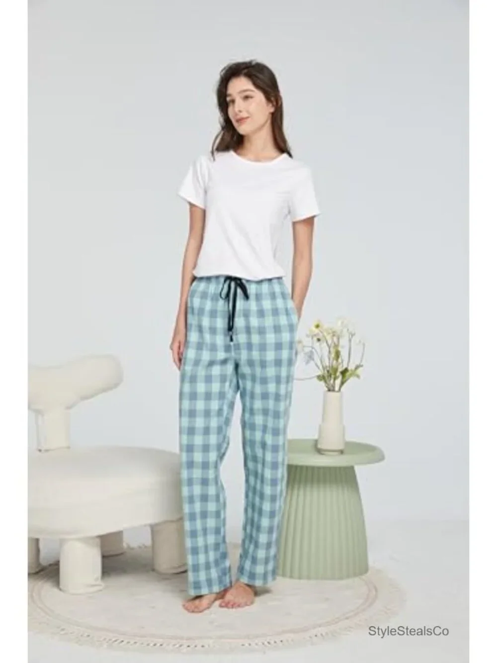 Lightweight Cotton Woven Plaid Pajama Pants With Pockets